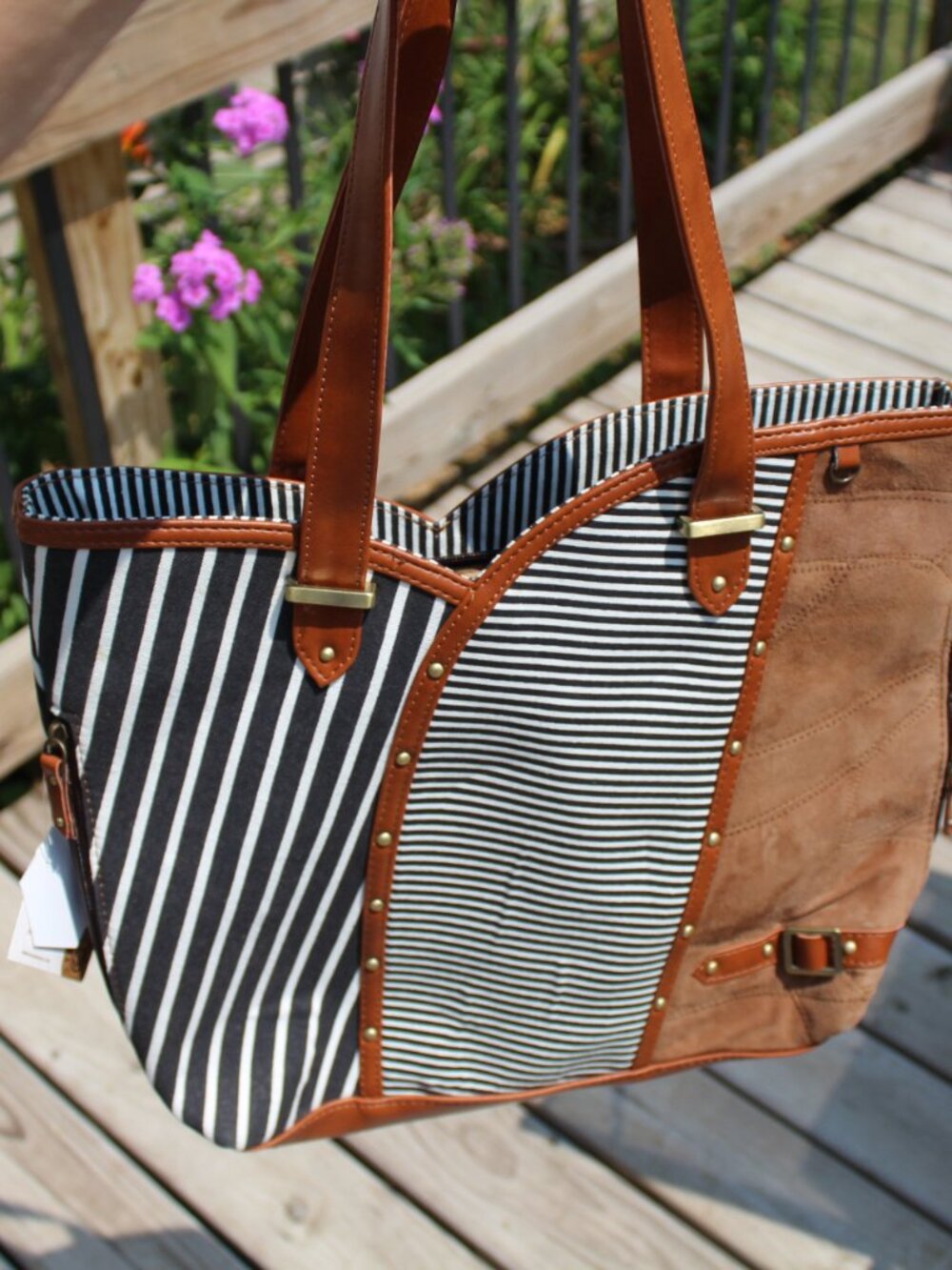 NWT Vaan & Co. Estate Hobo Bag Striped Canvas Brown Suede Mixed Media Tote